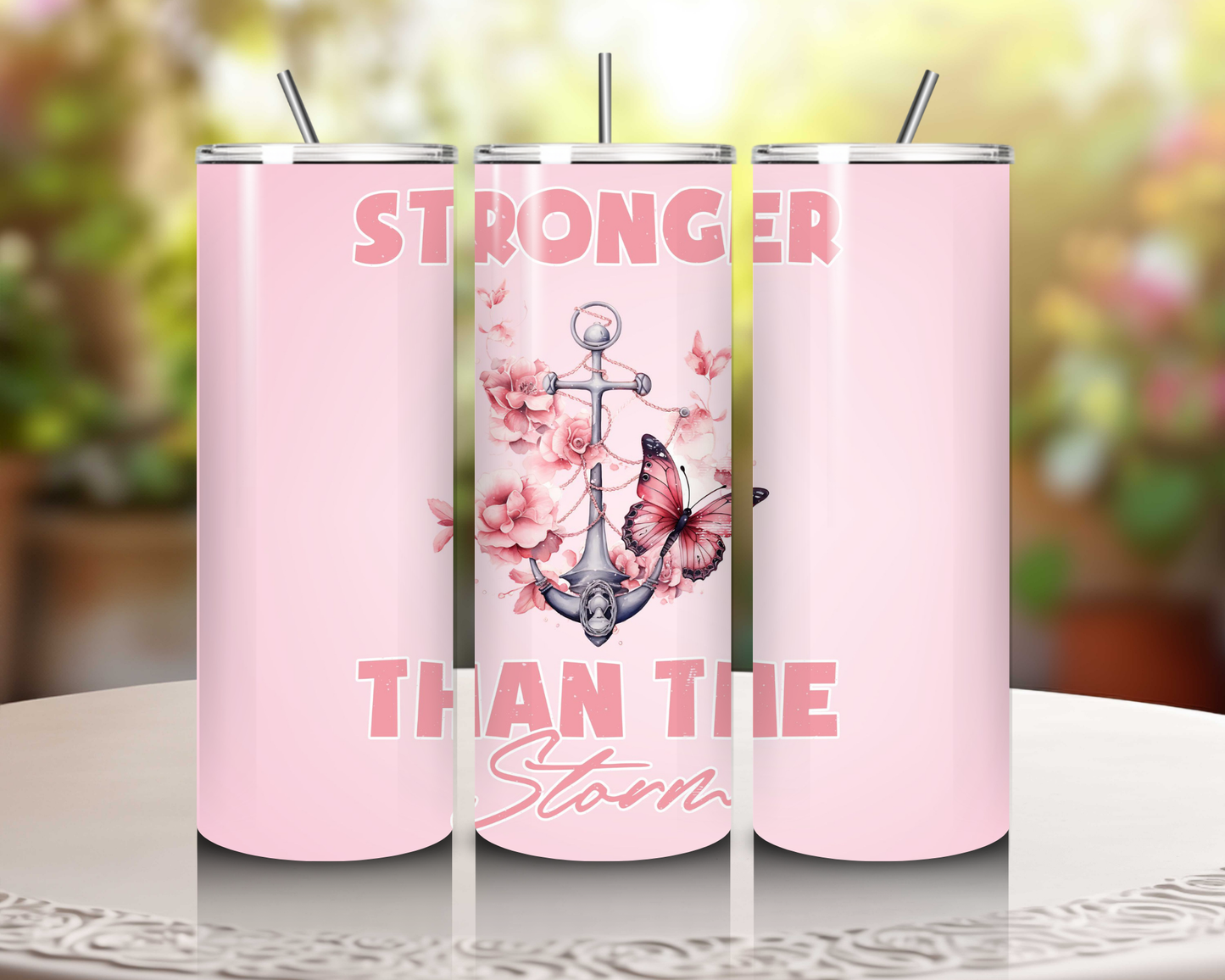 Stronger Than the Storm 20 oz Skinny Tumbler – Inspiring Drinkware for Breast Cancer Awareness & Mental Health Support!