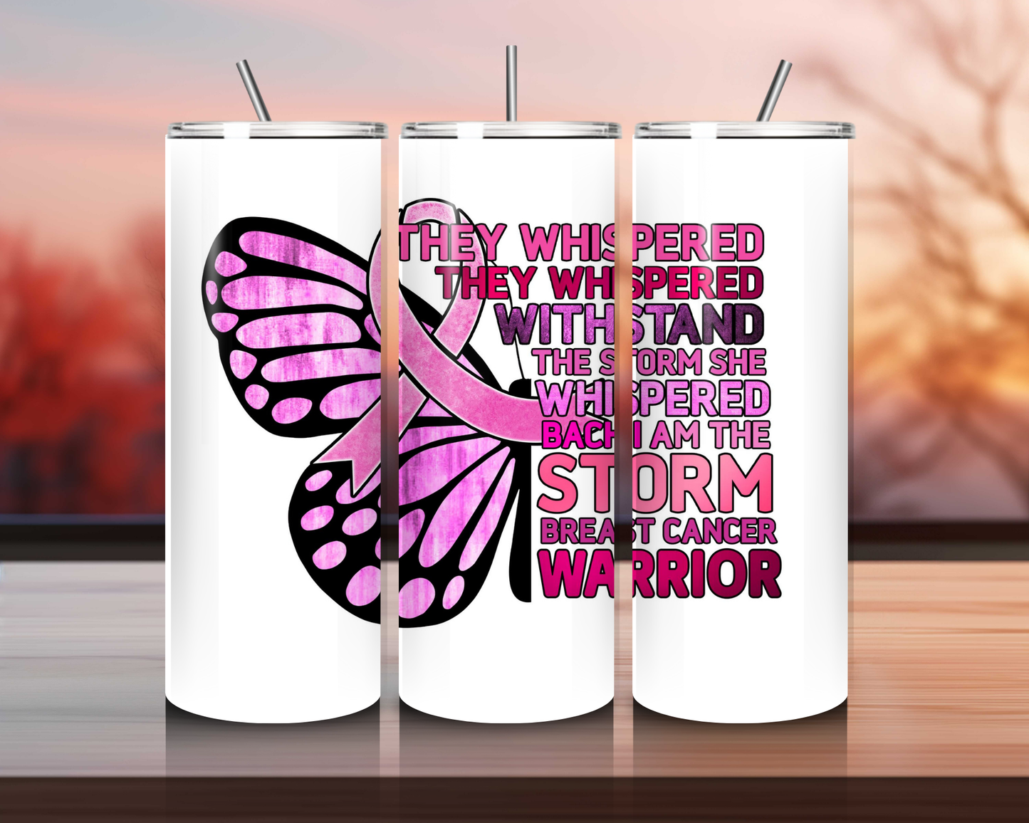 Stronger Than the Storm 20 oz Skinny Tumbler – Inspiring Drinkware for Breast Cancer Awareness & Mental Health Support!