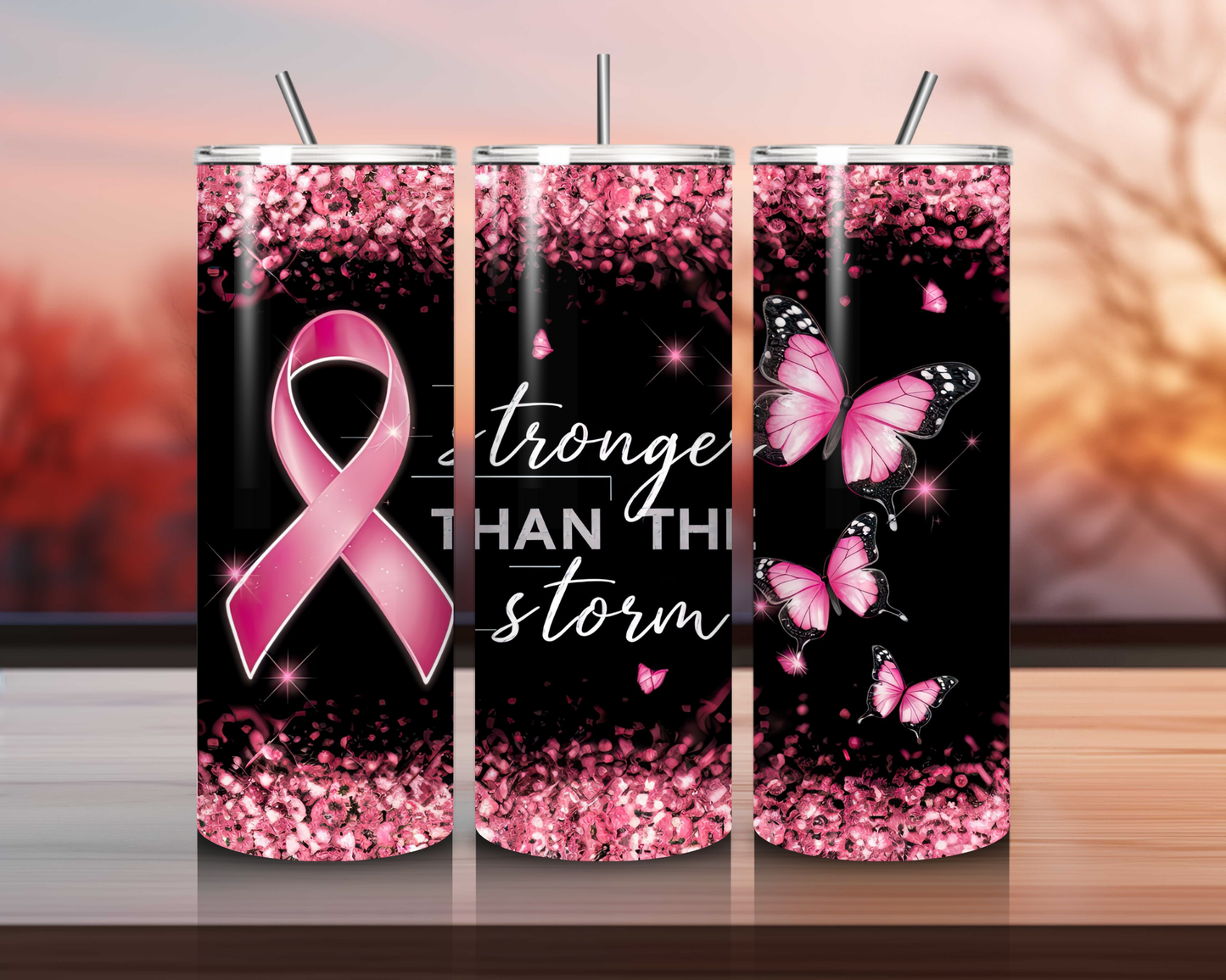 Stronger Than the Storm 20 oz Skinny Tumbler – Inspiring Drinkware for Breast Cancer Awareness & Mental Health Support!