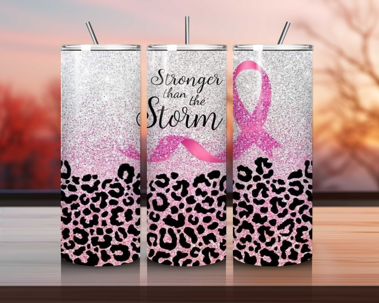 Stronger Than the Storm 20 oz Skinny Tumbler – Inspiring Drinkware for Breast Cancer Awareness & Mental Health Support!