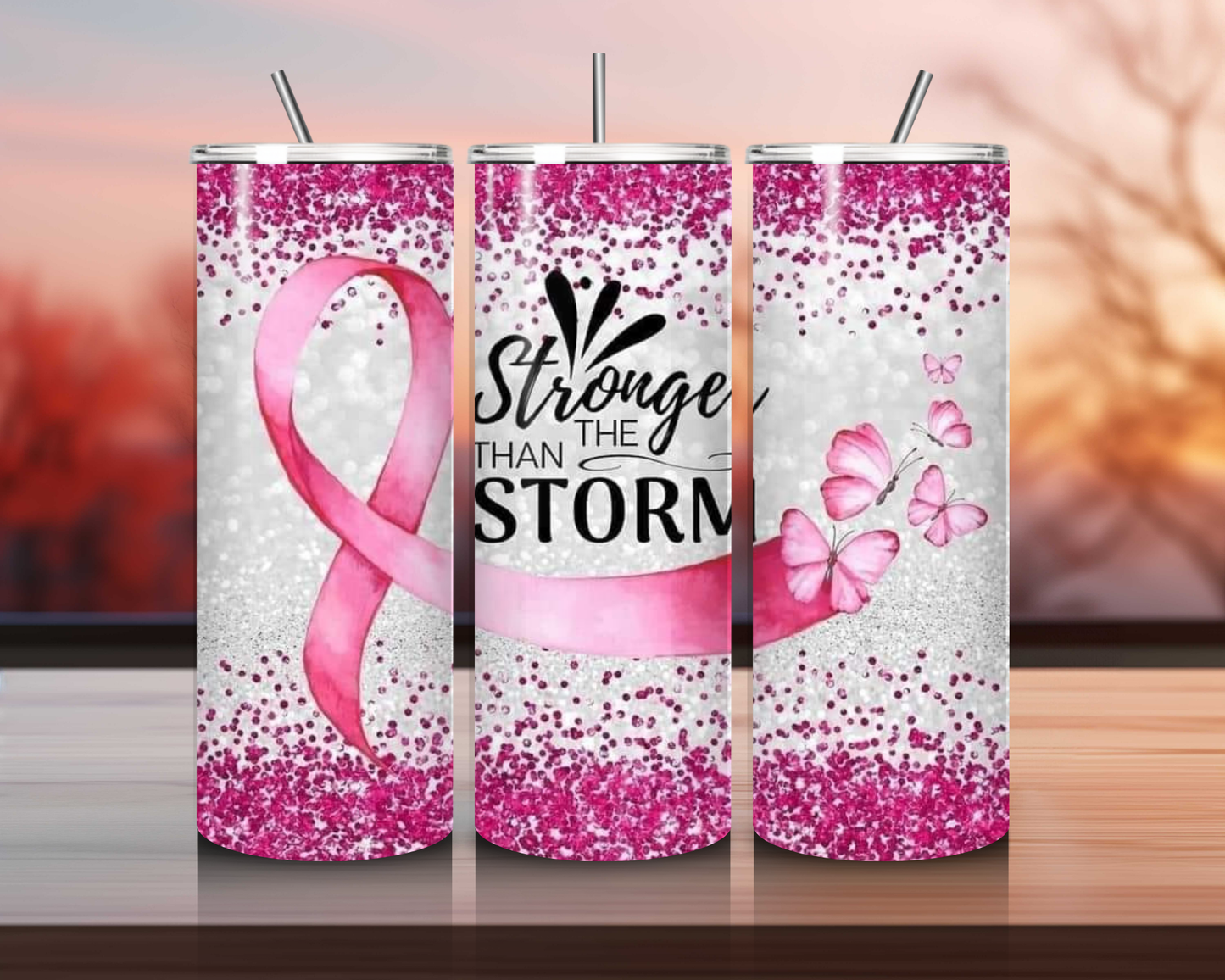 Stronger Than the Storm 20 oz Skinny Tumbler – Inspiring Drinkware for Breast Cancer Awareness & Mental Health Support!