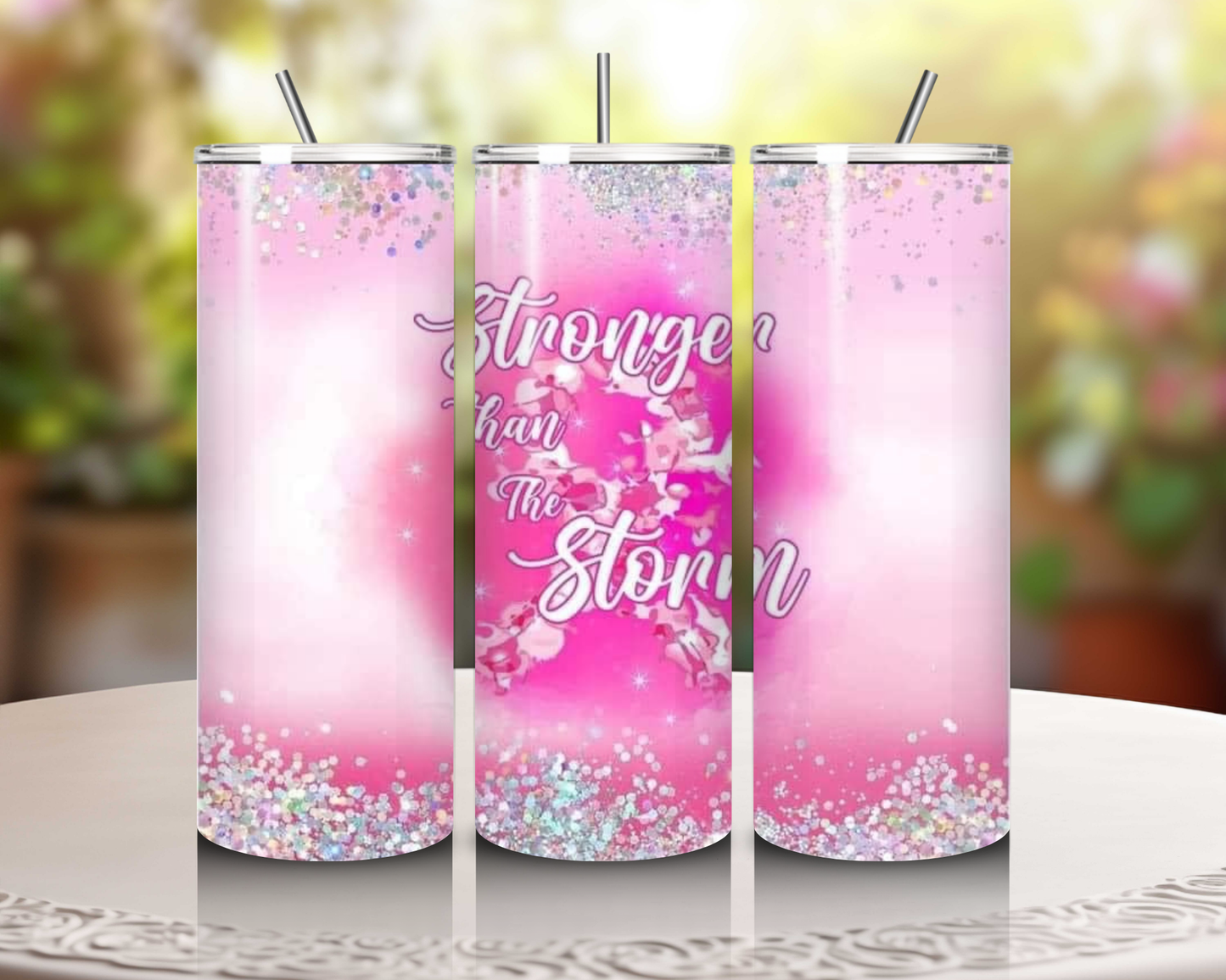 Stronger Than the Storm 20 oz Skinny Tumbler – Inspiring Drinkware for Breast Cancer Awareness & Mental Health Support!