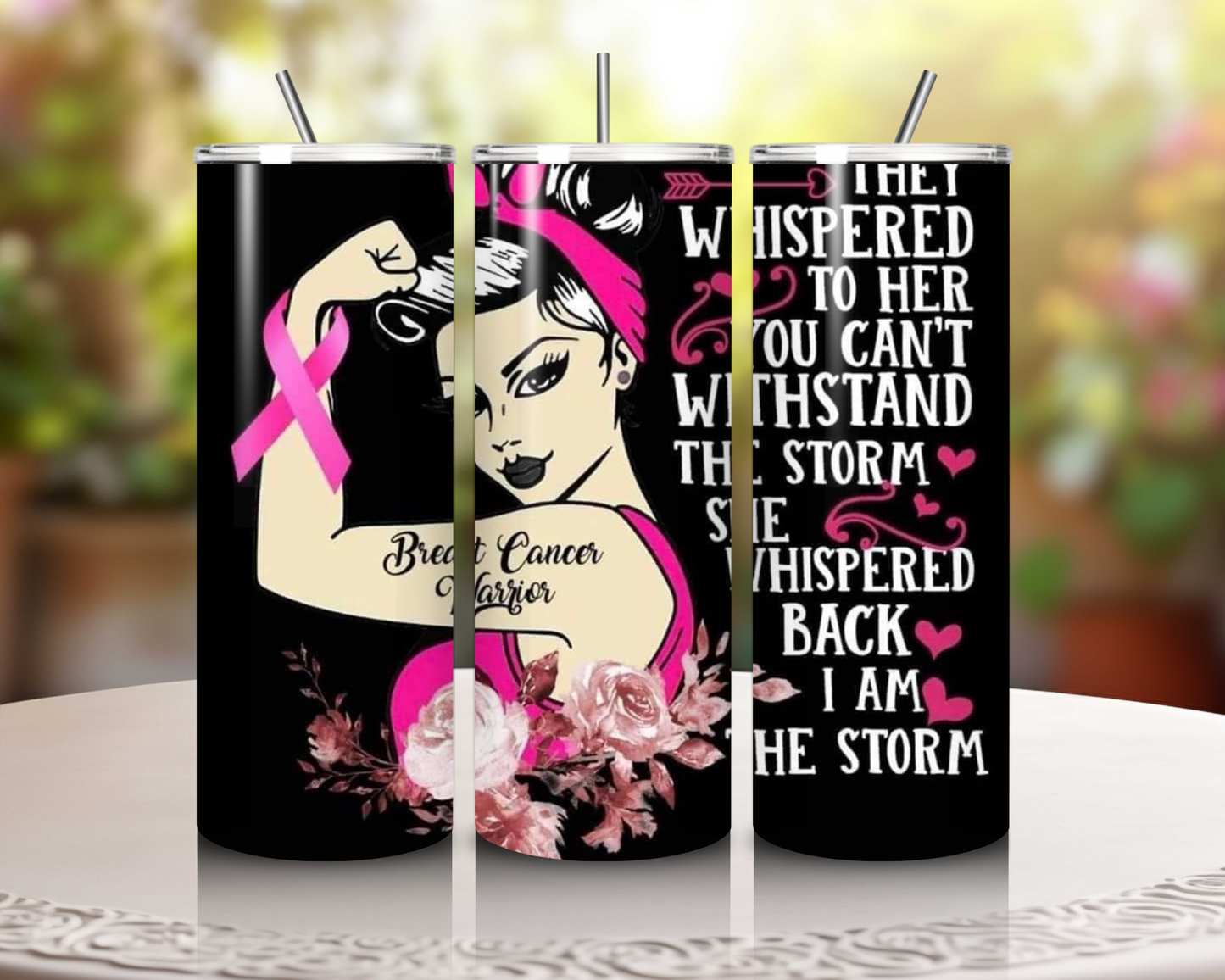 Stronger Than the Storm 20 oz Skinny Tumbler – Inspiring Drinkware for Breast Cancer Awareness & Mental Health Support!